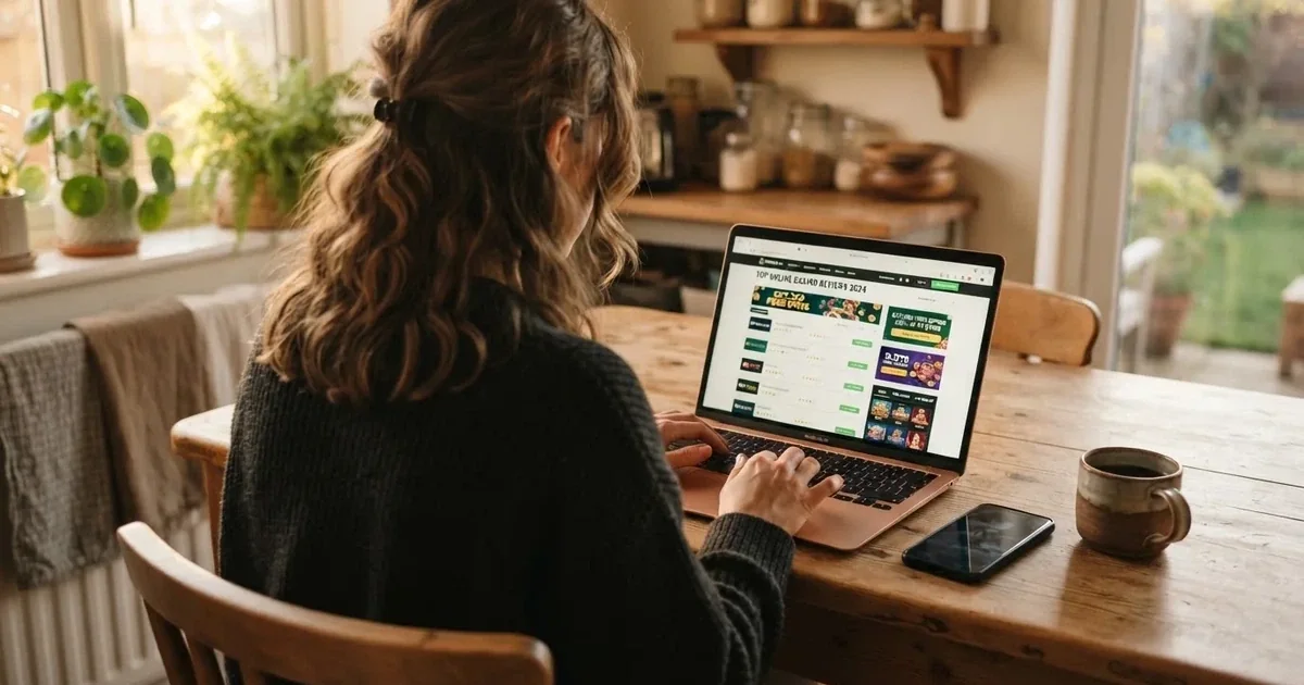 A person at a kitchen table scrolling through review pages on a laptop, phone face-down beside them.