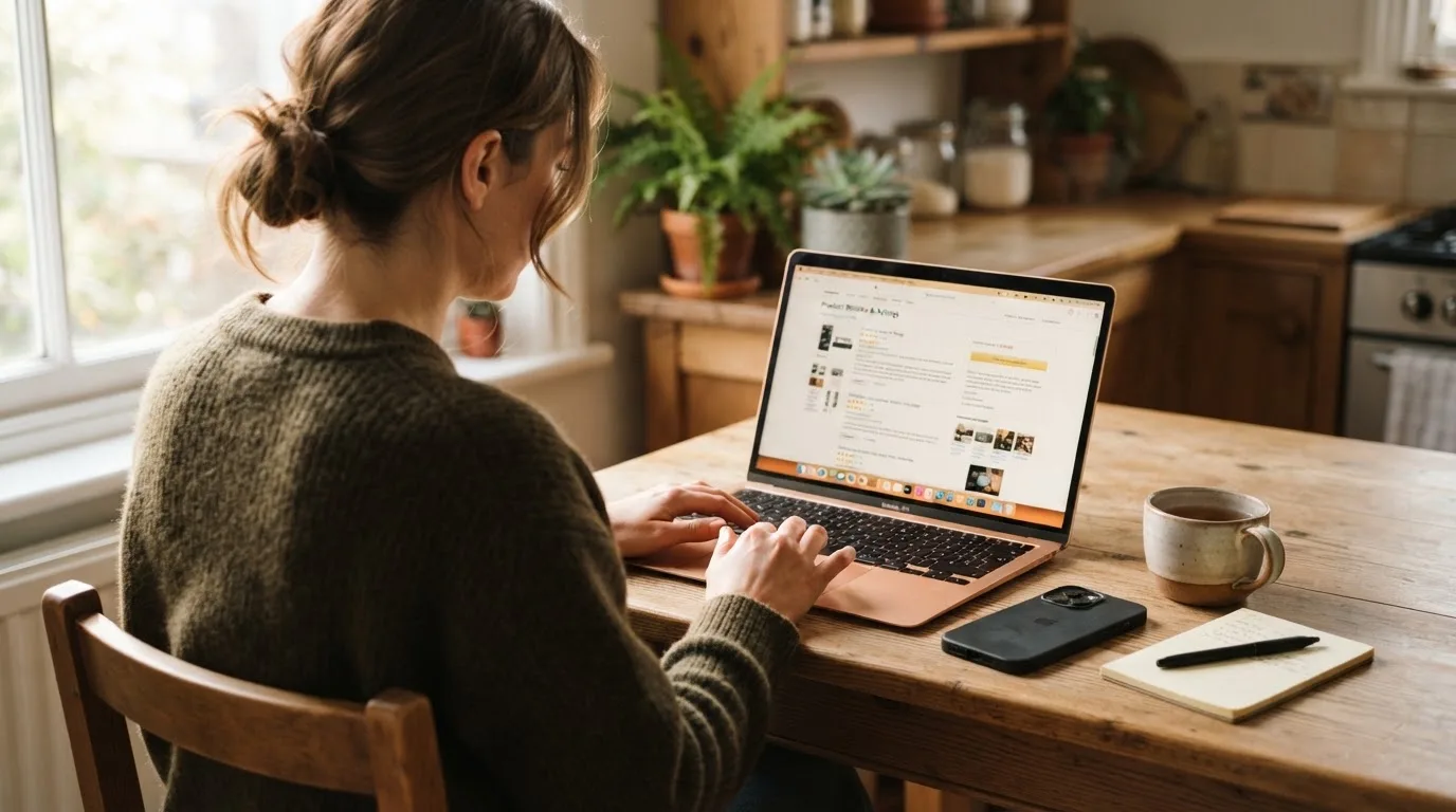 A person at a kitchen table scrolling through review pages on a laptop, phone face-down beside them.