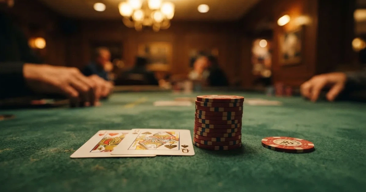 A close-up of a green felt gaming table with cards and chips mid-hand.