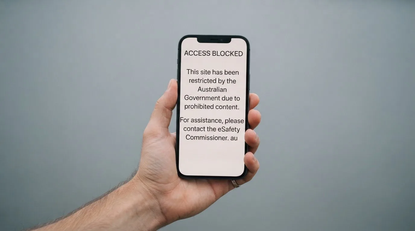 A smartphone screen showing a plain government warning notice about a blocked website, held against a blurred background.