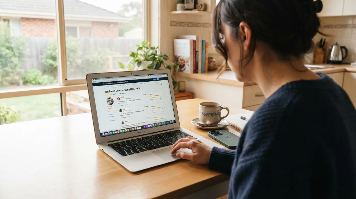 A person at a kitchen table scrolling through review pages on a laptop, phone face-down beside them.
