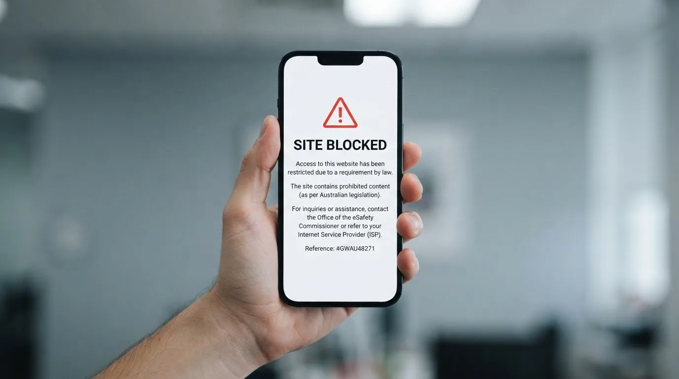 A smartphone screen showing a plain government warning notice about a blocked website, held against a blurred background.