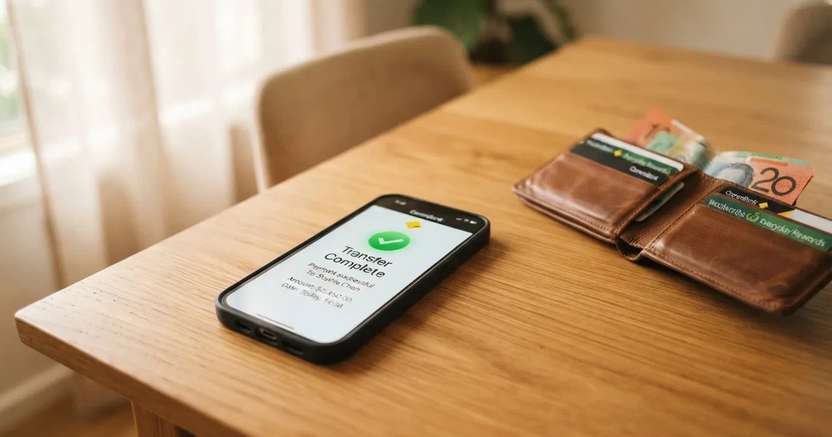 A phone screen showing a bank transfer confirmation, held next to a wallet on a table.