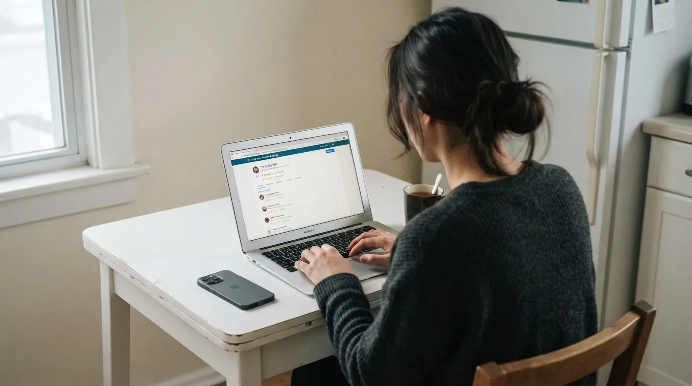 A person at a kitchen table scrolling through review pages on a laptop, phone face-down beside them.