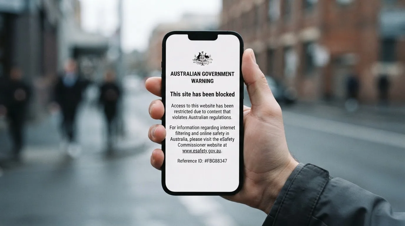 A smartphone screen showing a plain government warning notice about a blocked website, held against a blurred background.