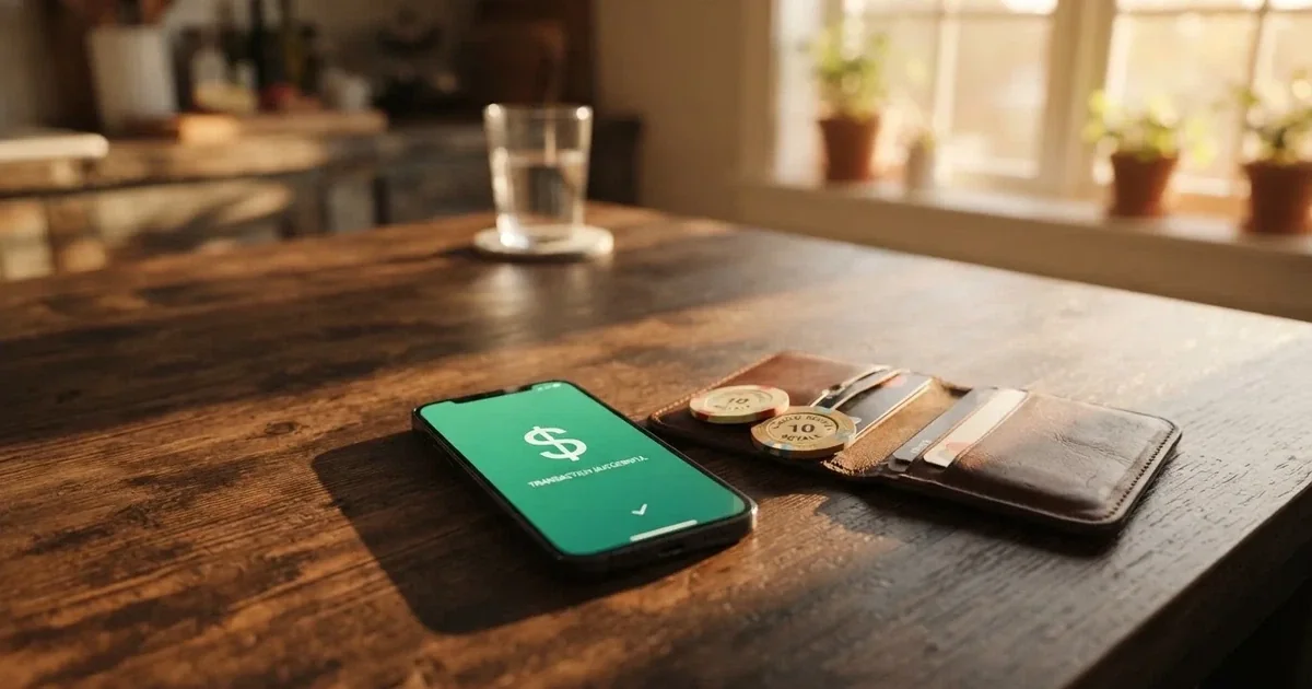 A phone screen showing a bank transfer confirmation, held next to a wallet on a table.