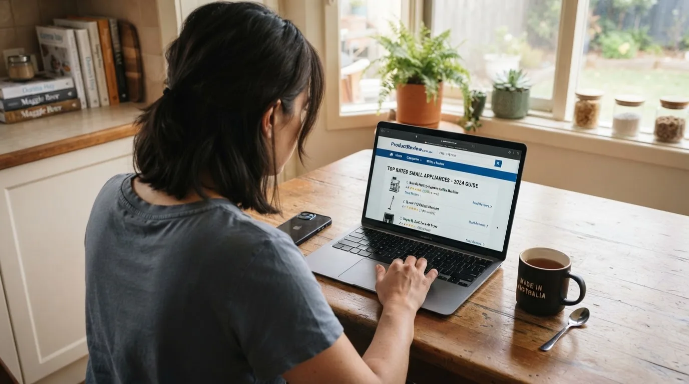 A person at a kitchen table scrolling through review pages on a laptop, phone face-down beside them.