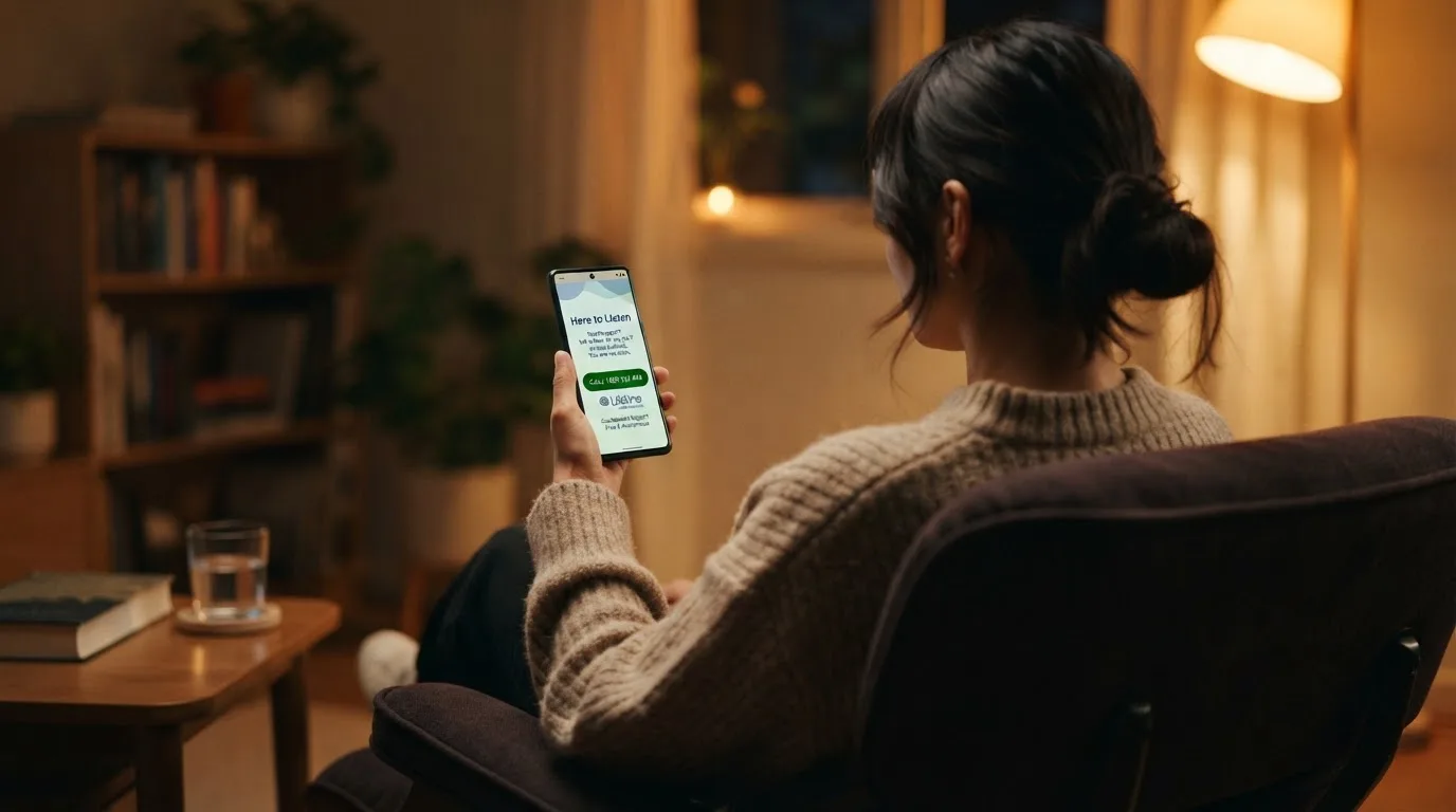 A person sitting calmly with a phone open to a support helpline page, no gaming screen visible.