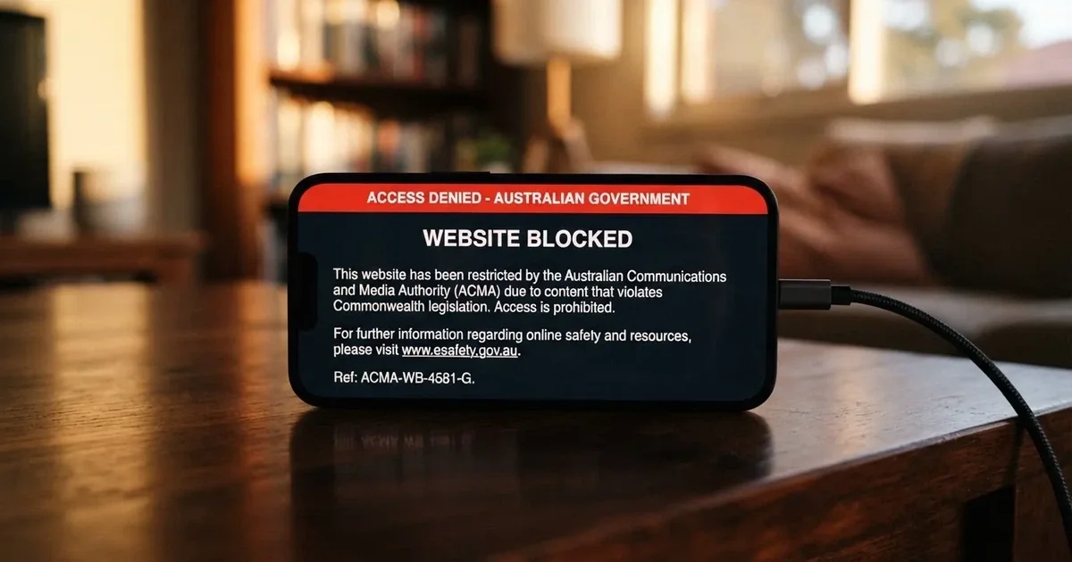 A smartphone screen showing a plain government warning notice about a blocked website, held against a blurred background.