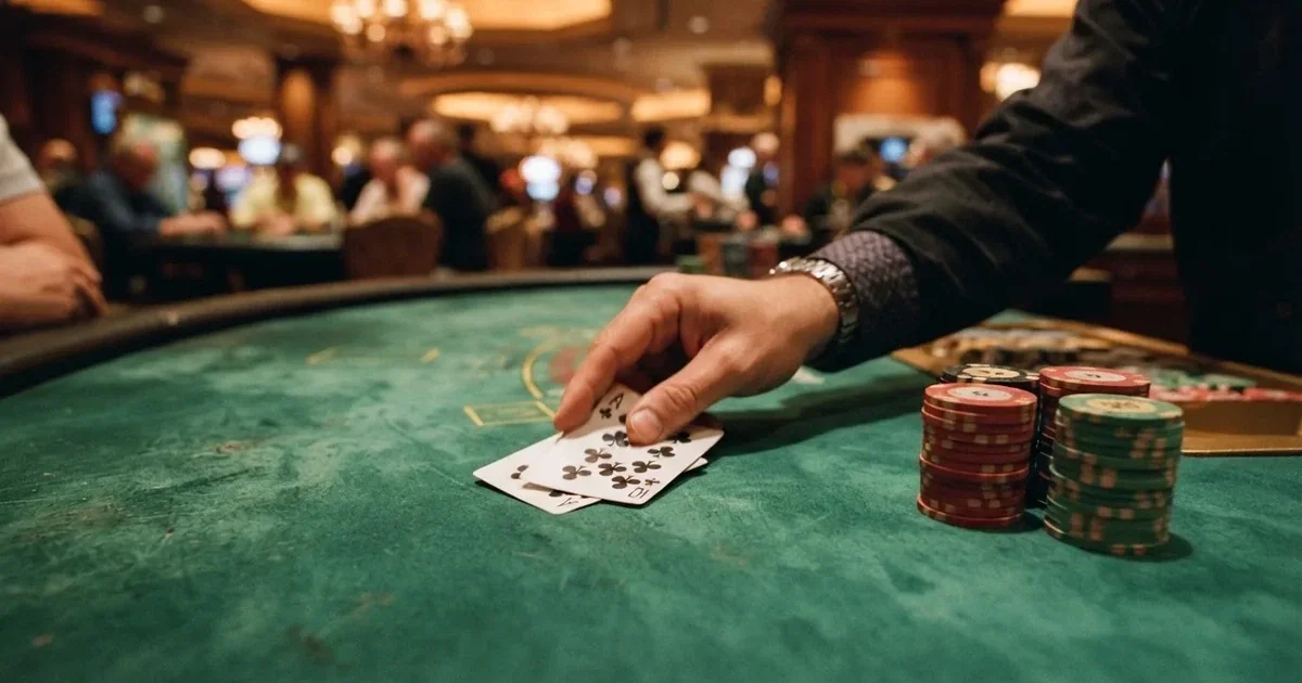 A close-up of a green felt gaming table with cards and chips mid-hand.