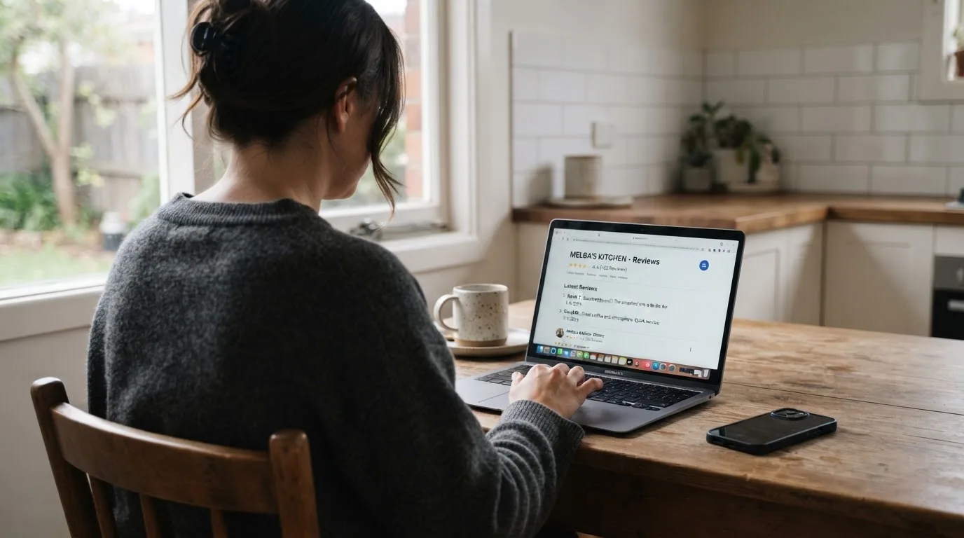 A person at a kitchen table scrolling through review pages on a laptop, phone face-down beside them.
