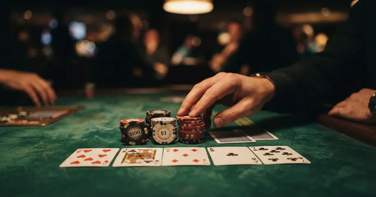 A close-up of a green felt gaming table with cards and chips mid-hand.