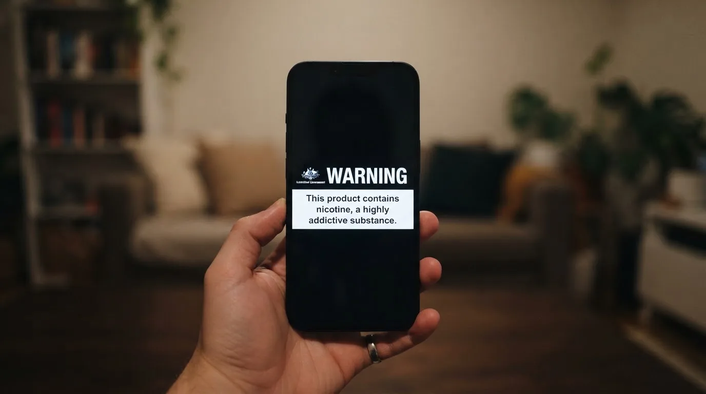 A smartphone screen showing a plain government warning notice about a blocked website, held against a blurred background.