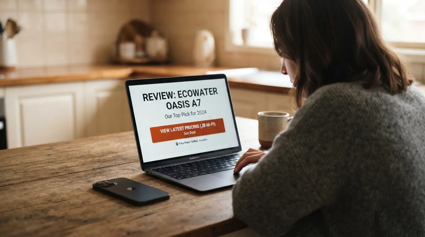 A person at a kitchen table scrolling through review pages on a laptop, phone face-down beside them.