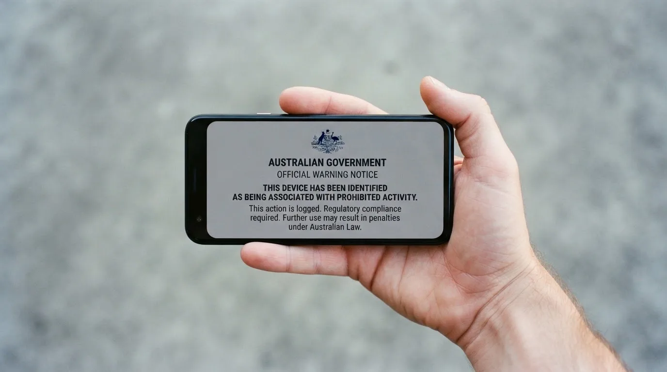 A smartphone screen showing a plain government warning notice about a blocked website, held against a blurred background.