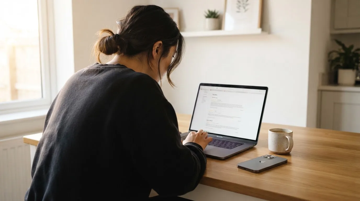 A person at a kitchen table scrolling through review pages on a laptop, phone face-down beside them.