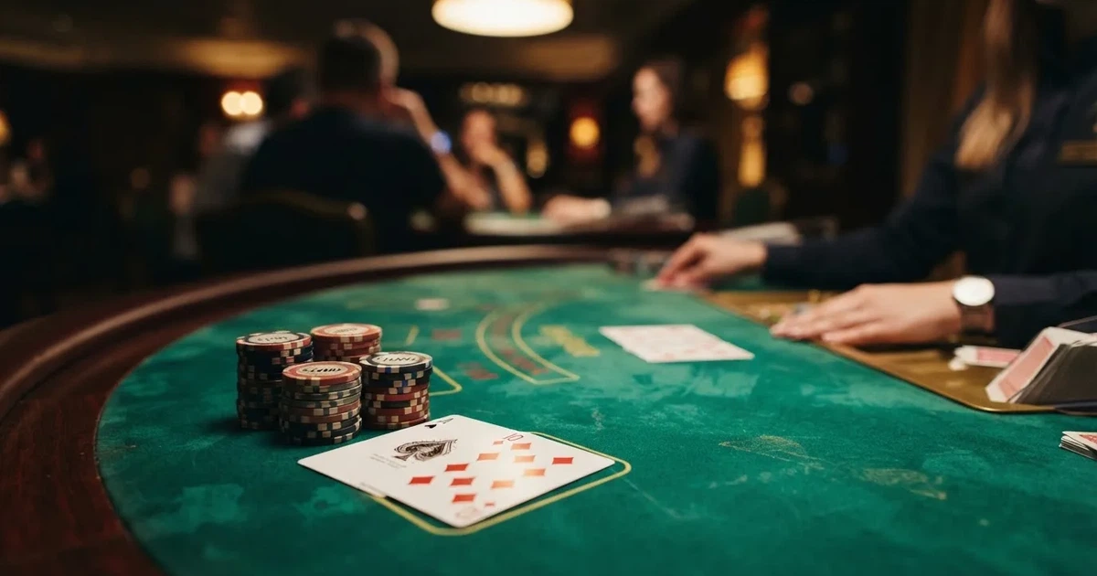 A close-up of a green felt gaming table with cards and chips mid-hand.