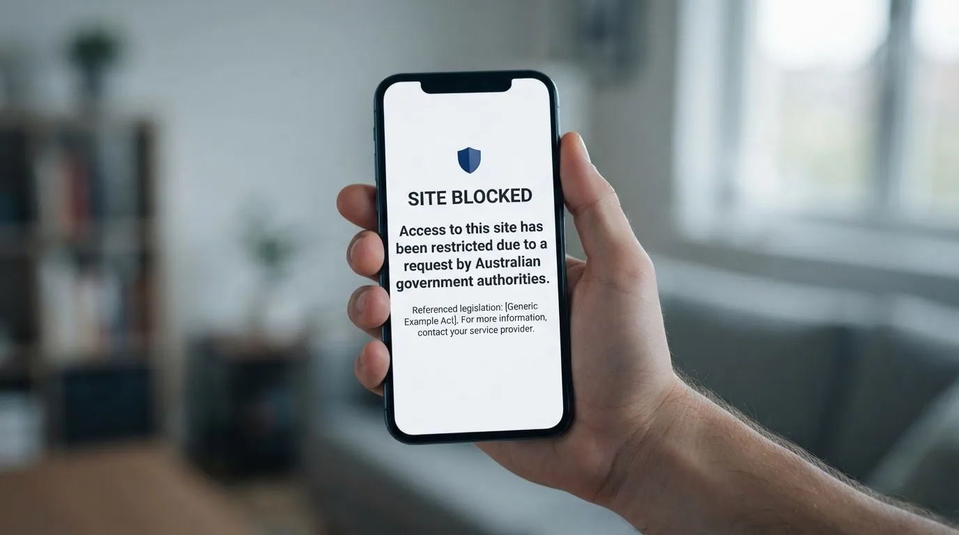 A smartphone screen showing a plain government warning notice about a blocked website, held against a blurred background.