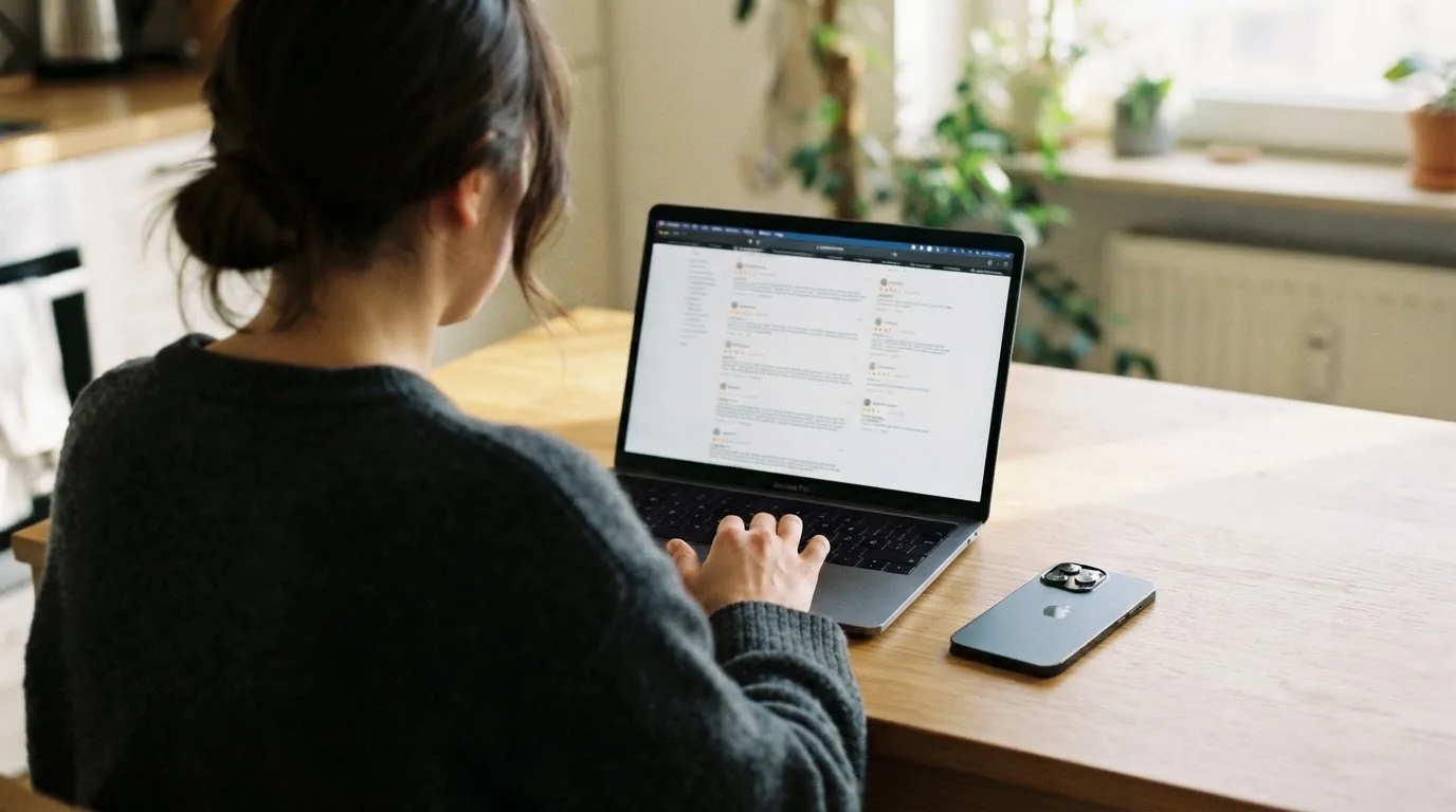 A person at a kitchen table scrolling through review pages on a laptop, phone face-down beside them.