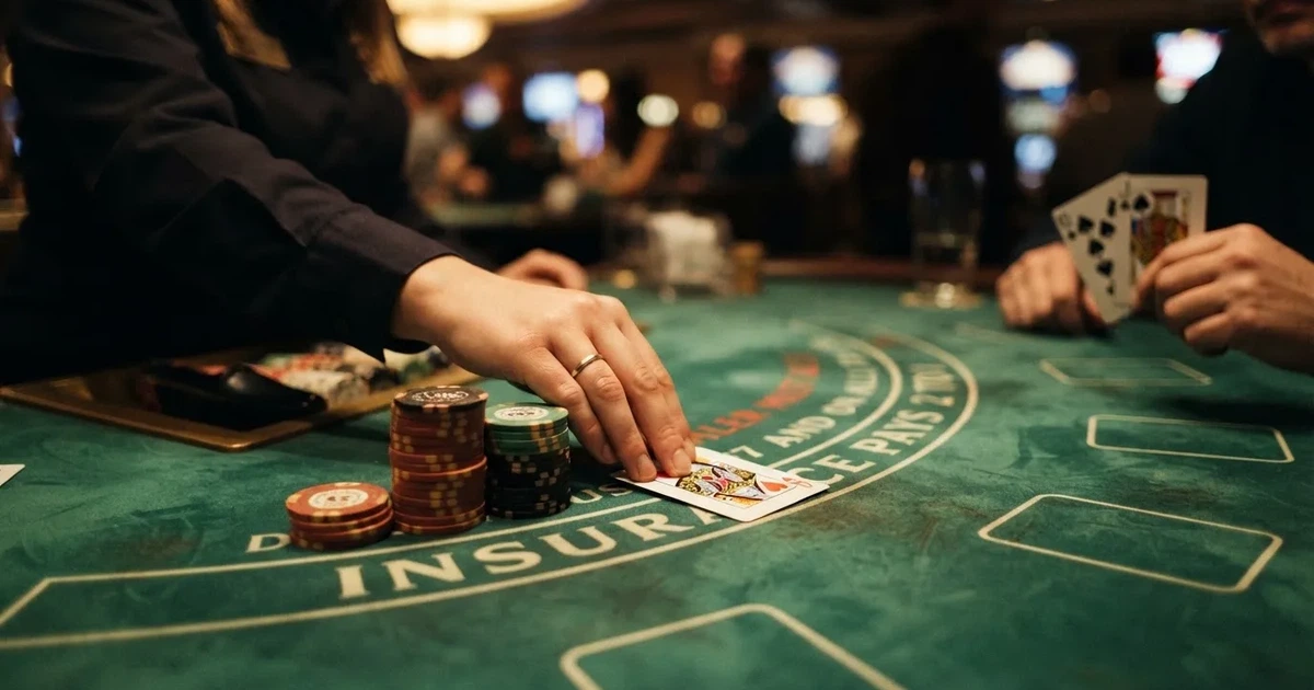 A close-up of a green felt gaming table with cards and chips mid-hand.