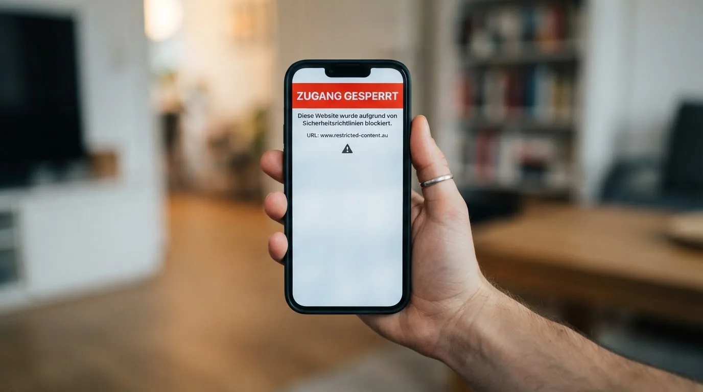 A smartphone screen showing a plain government warning notice about a blocked website, held against a blurred background.