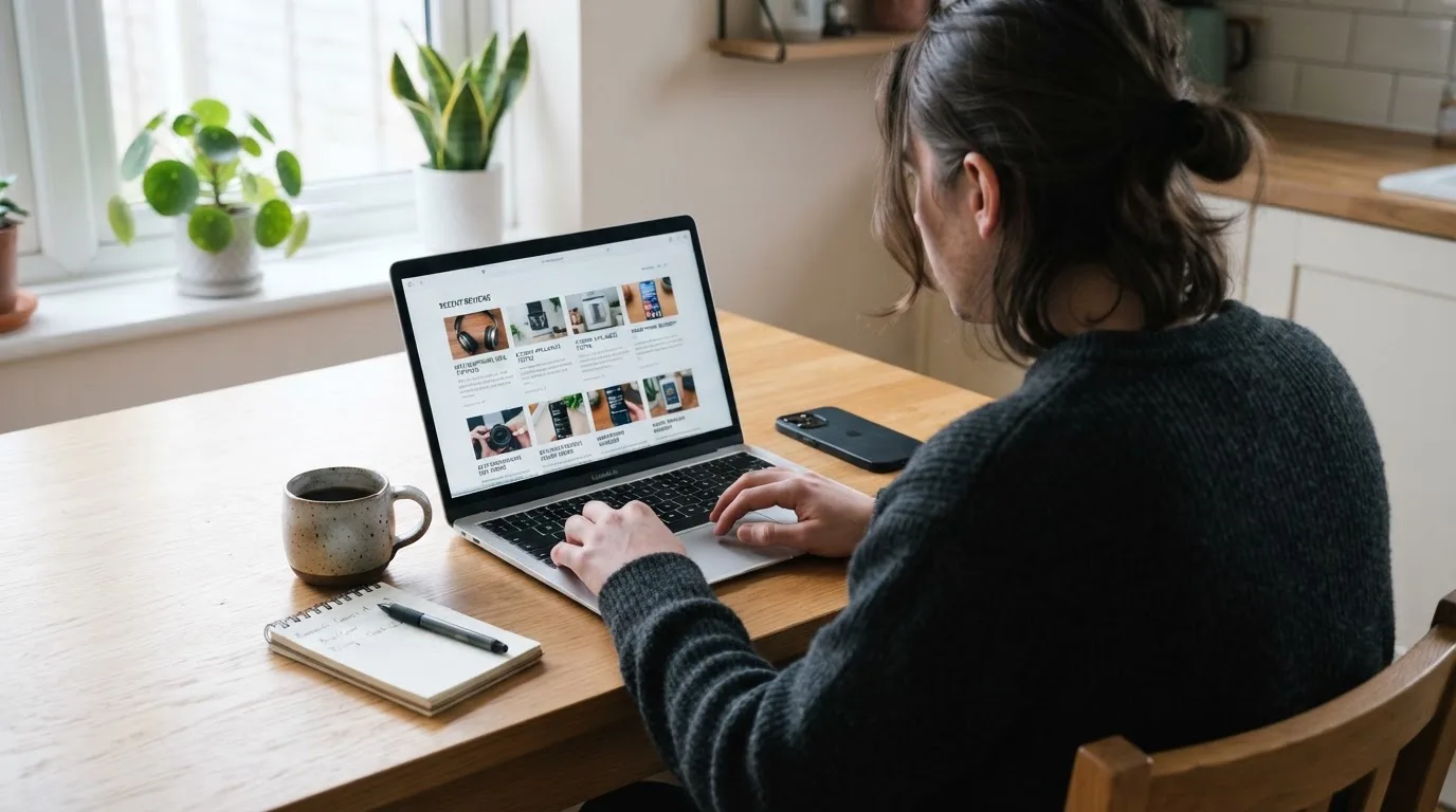 A person at a kitchen table scrolling through review pages on a laptop, phone face-down beside them.