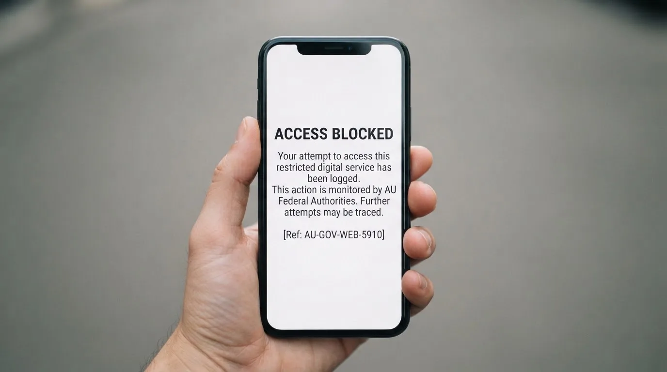 A smartphone screen showing a plain government warning notice about a blocked website, held against a blurred background.