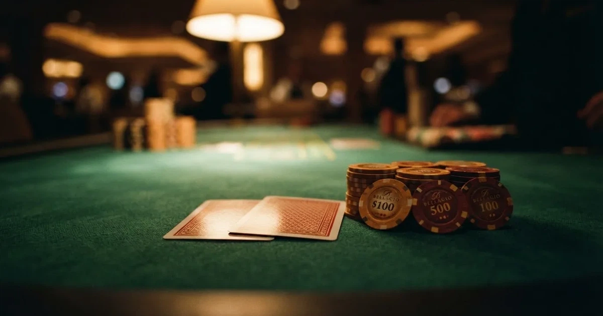A close-up of a green felt gaming table with cards and chips mid-hand.