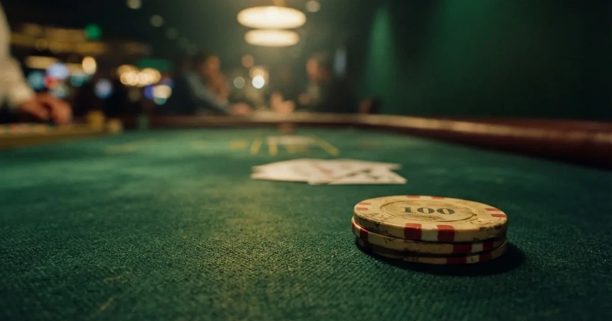 A close-up of a green felt gaming table with cards and chips mid-hand.