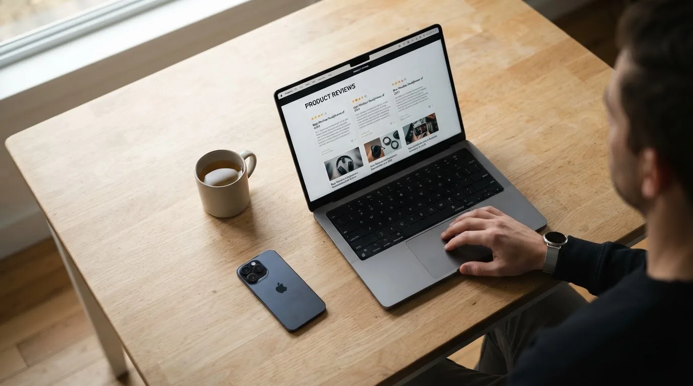 A person at a kitchen table scrolling through review pages on a laptop, phone face-down beside them.