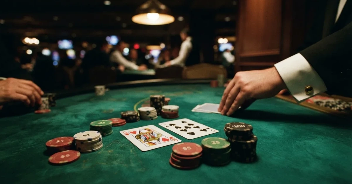 A close-up of a green felt gaming table with cards and chips mid-hand.