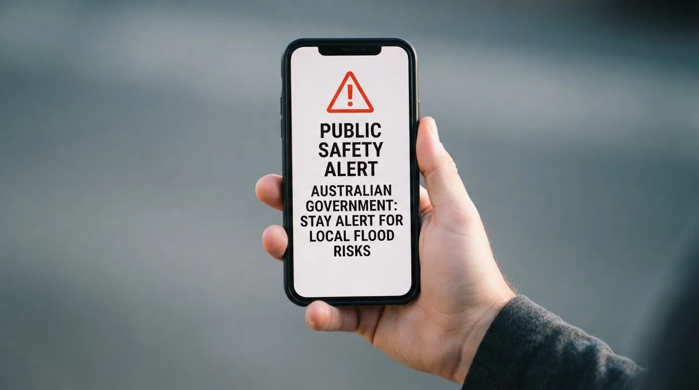 A smartphone screen showing a plain government warning notice about a blocked website, held against a blurred background.