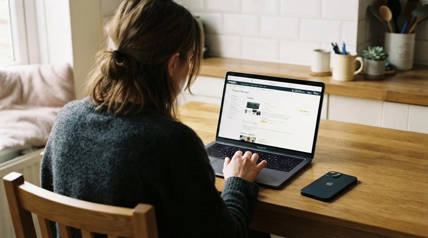 A person at a kitchen table scrolling through review pages on a laptop, phone face-down beside them.
