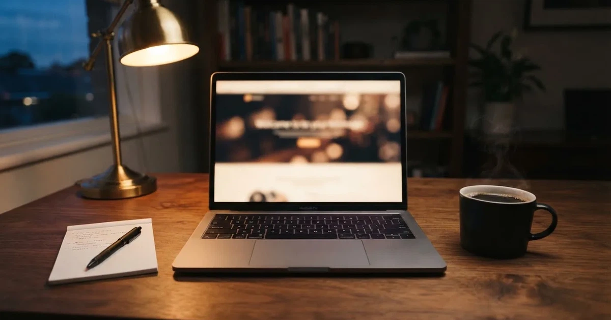 A laptop screen showing a freshly loaded website homepage, its content blurred out.