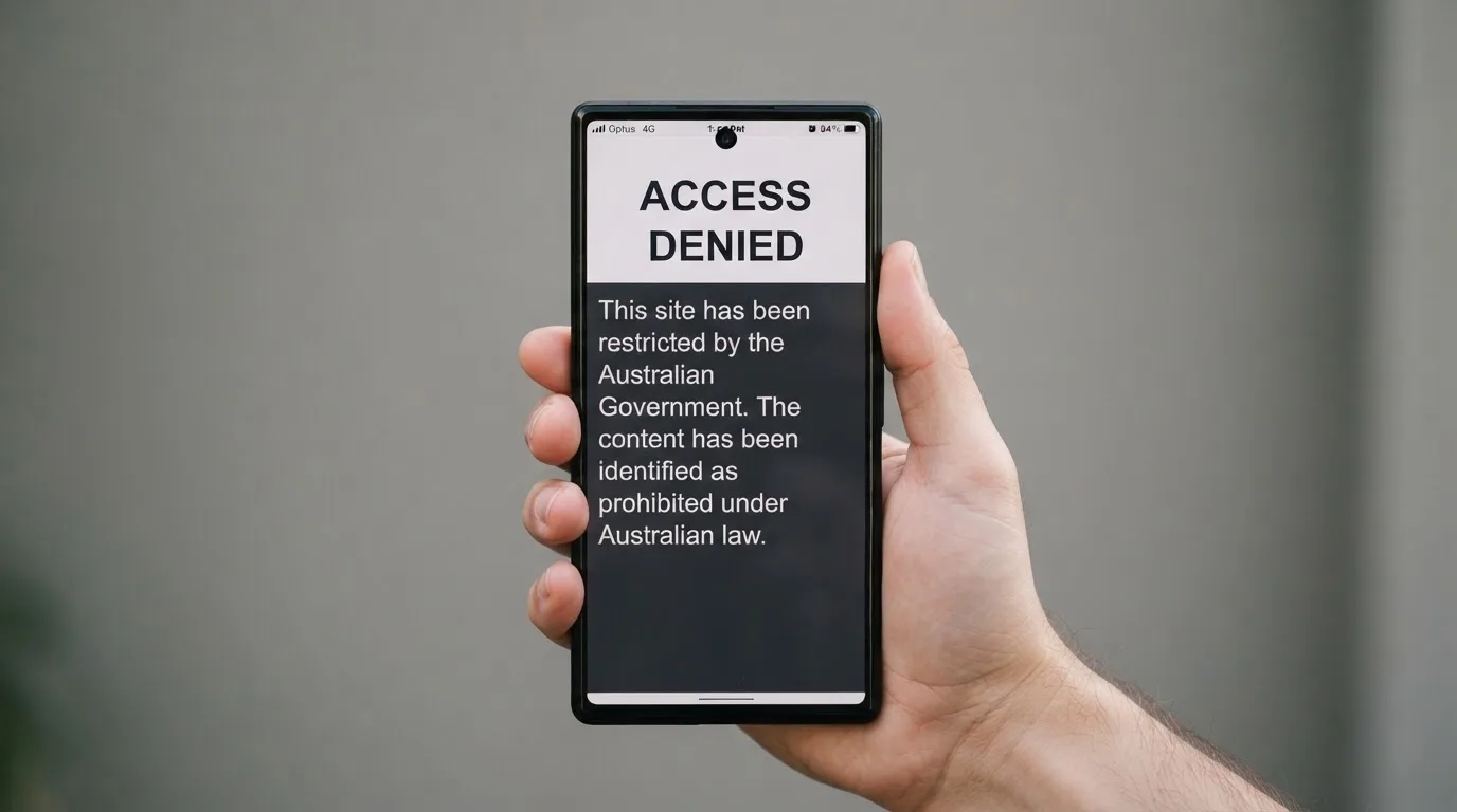 A smartphone screen showing a plain government warning notice about a blocked website, held against a blurred background.
