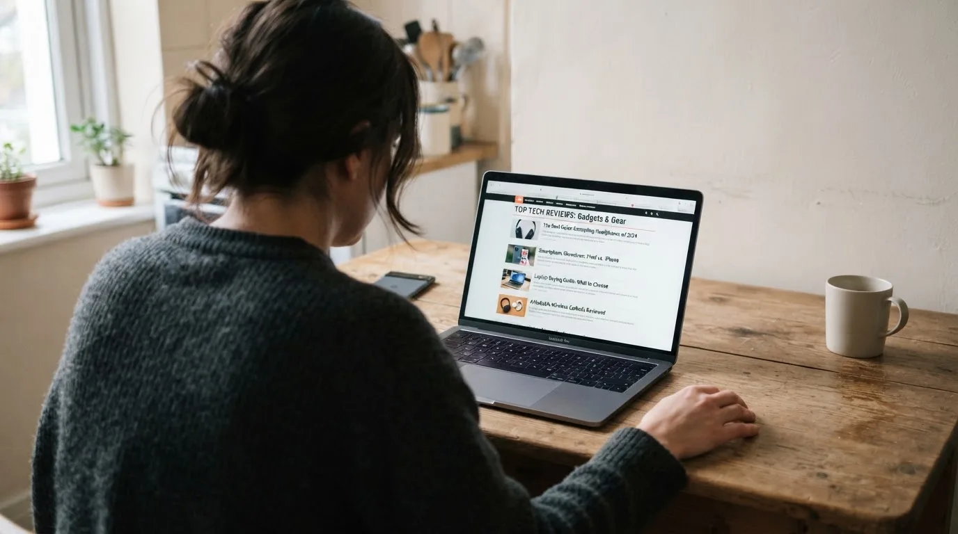A person at a kitchen table scrolling through review pages on a laptop, phone face-down beside them.