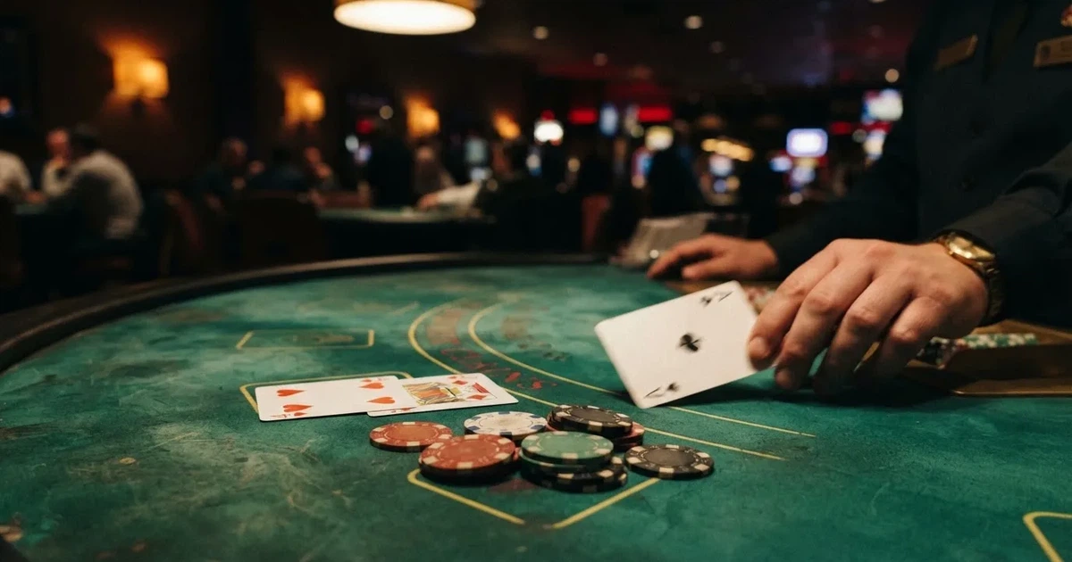 A close-up of a green felt gaming table with cards and chips mid-hand.