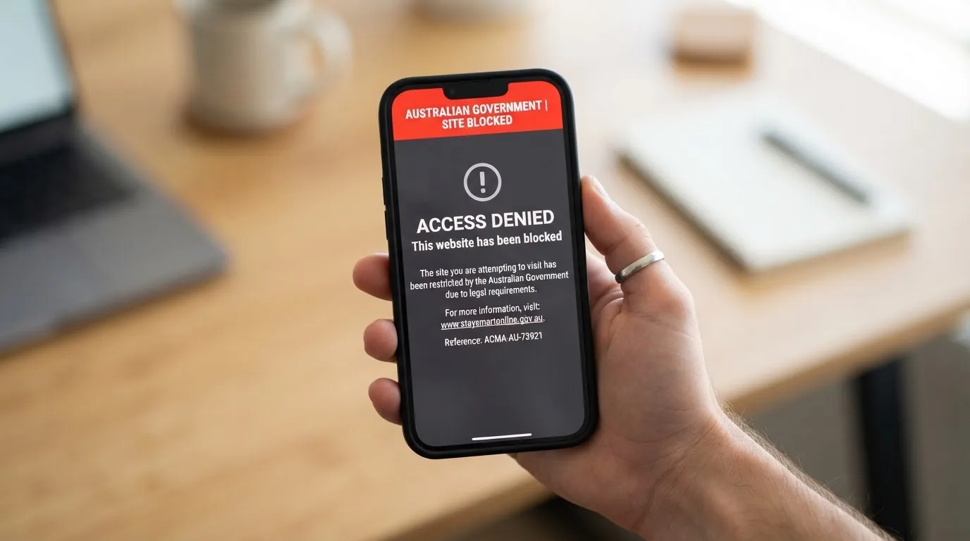 A smartphone screen showing a plain government warning notice about a blocked website, held against a blurred background.