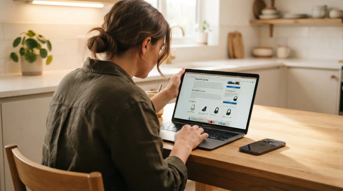 A person at a kitchen table scrolling through review pages on a laptop, phone face-down beside them.