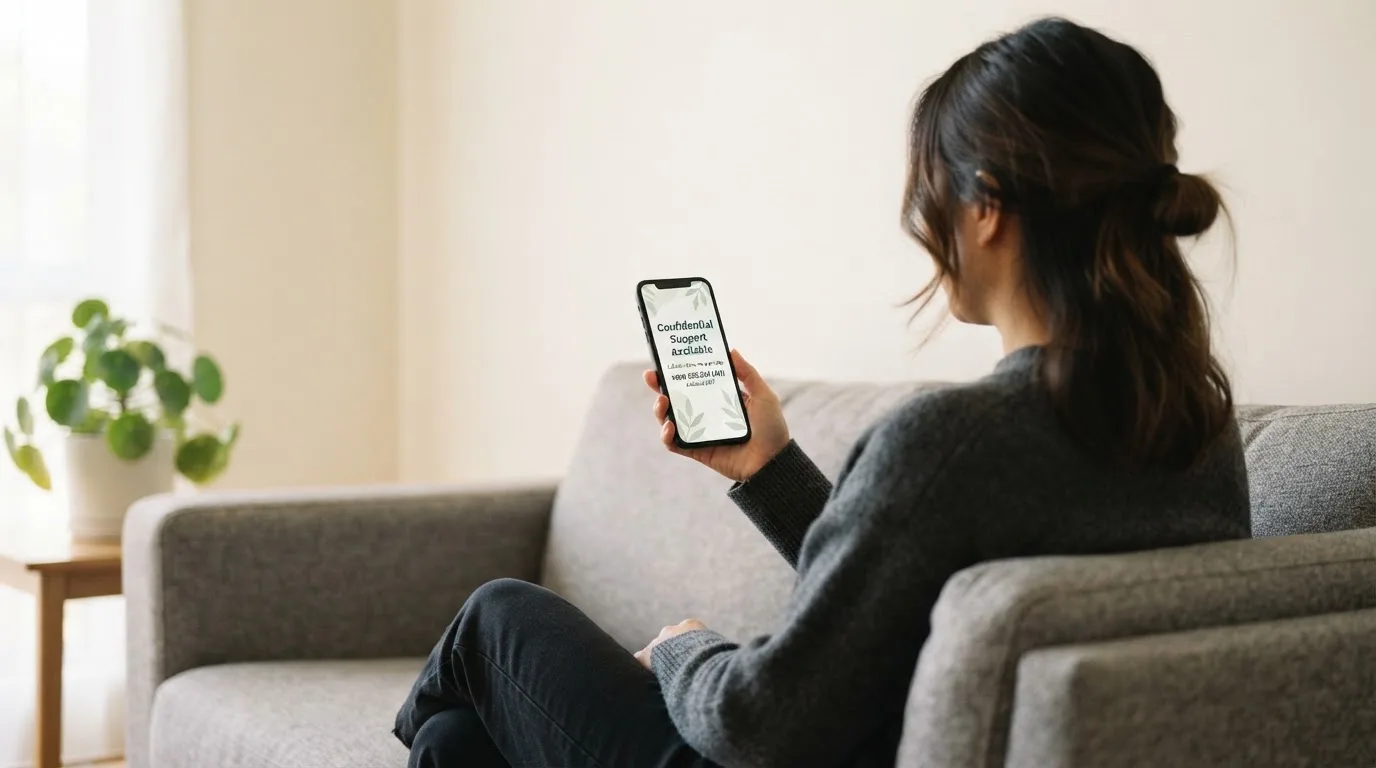 A person sitting calmly with a phone open to a support helpline page, no gaming screen visible.