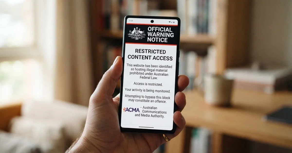 A smartphone screen showing a plain government warning notice about a blocked website, held against a blurred background.