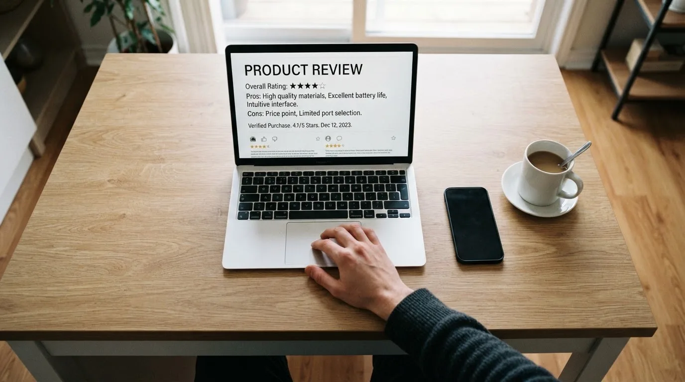 A person at a kitchen table scrolling through review pages on a laptop, phone face-down beside them.