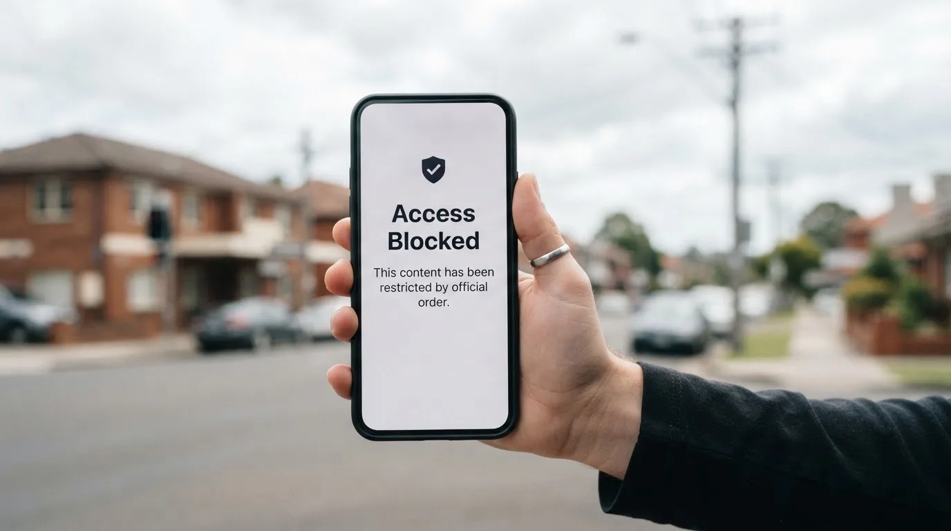 A smartphone screen showing a plain government warning notice about a blocked website, held against a blurred background.