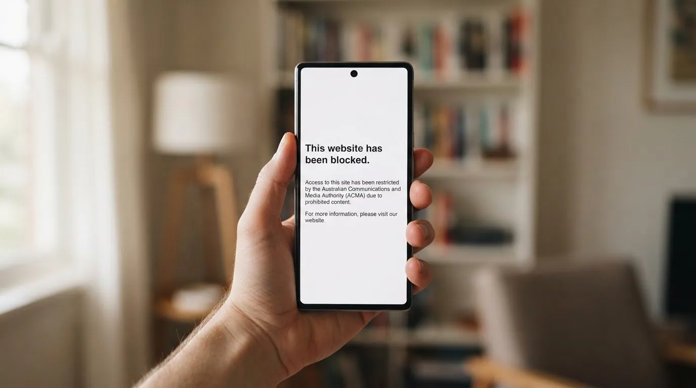 A smartphone screen showing a plain government warning notice about a blocked website, held against a blurred background.