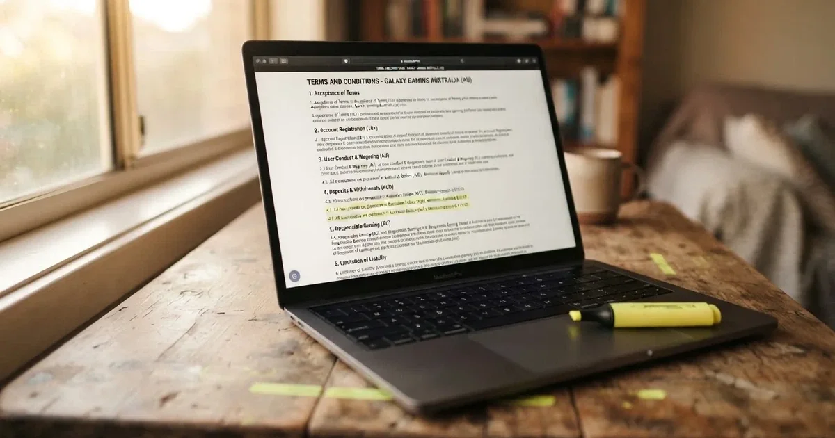 A laptop screen showing a page of terms and conditions text with a highlighter resting nearby.