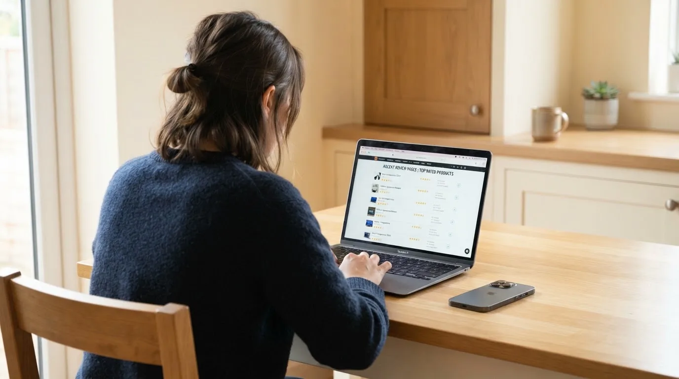 A person at a kitchen table scrolling through review pages on a laptop, phone face-down beside them.