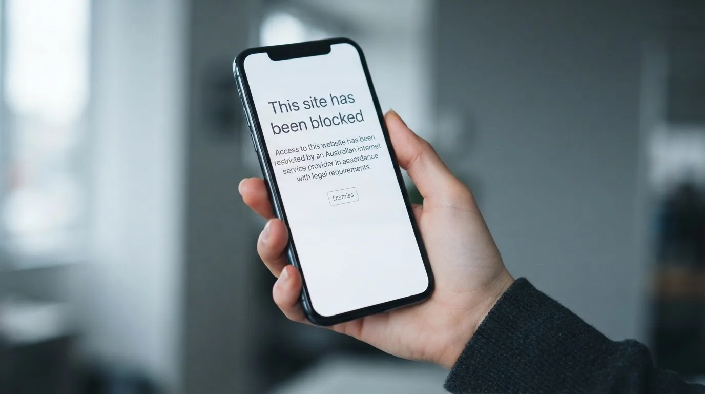 A smartphone screen showing a plain government warning notice about a blocked website, held against a blurred background.