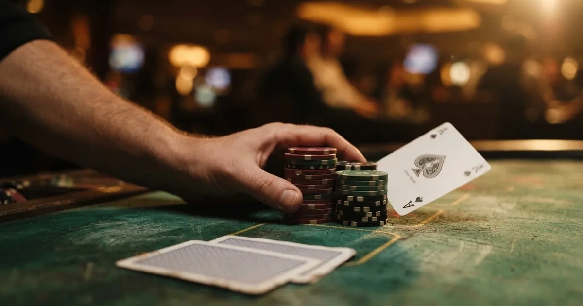 A close-up of a green felt gaming table with cards and chips mid-hand.