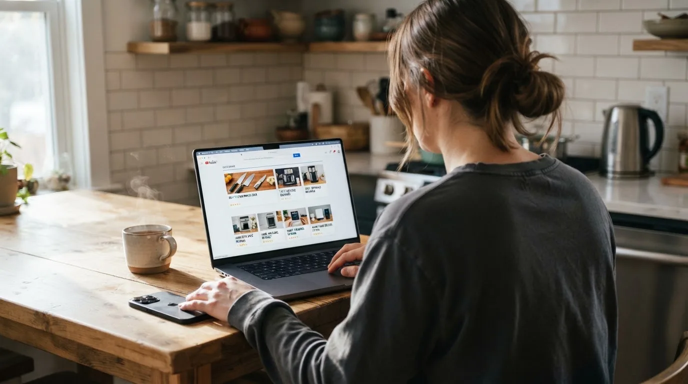 A person at a kitchen table scrolling through review pages on a laptop, phone face-down beside them.