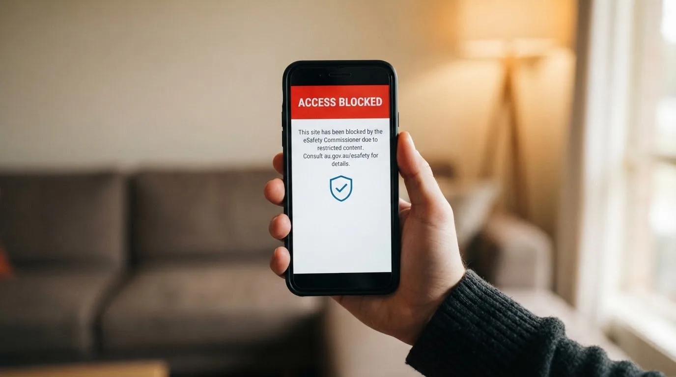A smartphone screen showing a plain government warning notice about a blocked website, held against a blurred background.